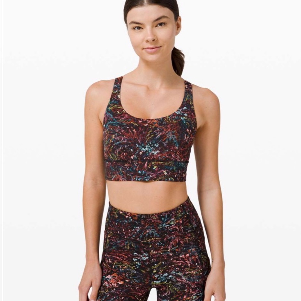 lululemon Energy Bra Long Line in the Foliage Overlay Multi/Pink Pastel size 6